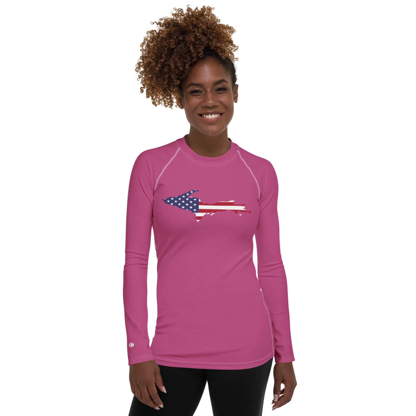 Michigan Upper Peninsula Rash Guard (w/ UP USA Flag) | Women's - Apple Blossom Pink