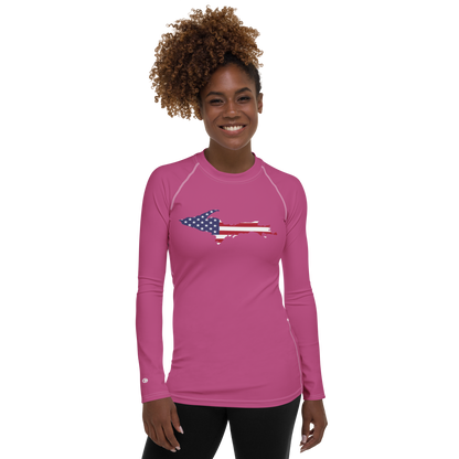 Michigan Upper Peninsula Rash Guard (w/ UP USA Flag) | Women's - Apple Blossom Pink