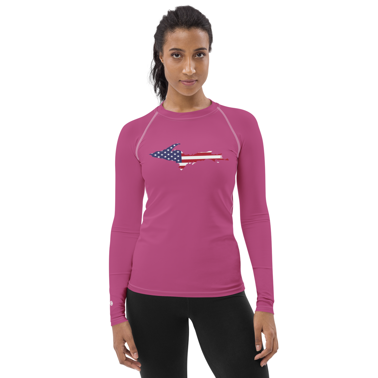 Michigan Upper Peninsula Rash Guard (w/ UP USA Flag) | Women's - Apple Blossom Pink