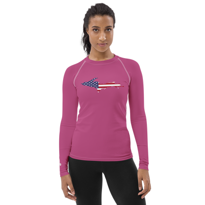 Michigan Upper Peninsula Rash Guard (w/ UP USA Flag) | Women's - Apple Blossom Pink