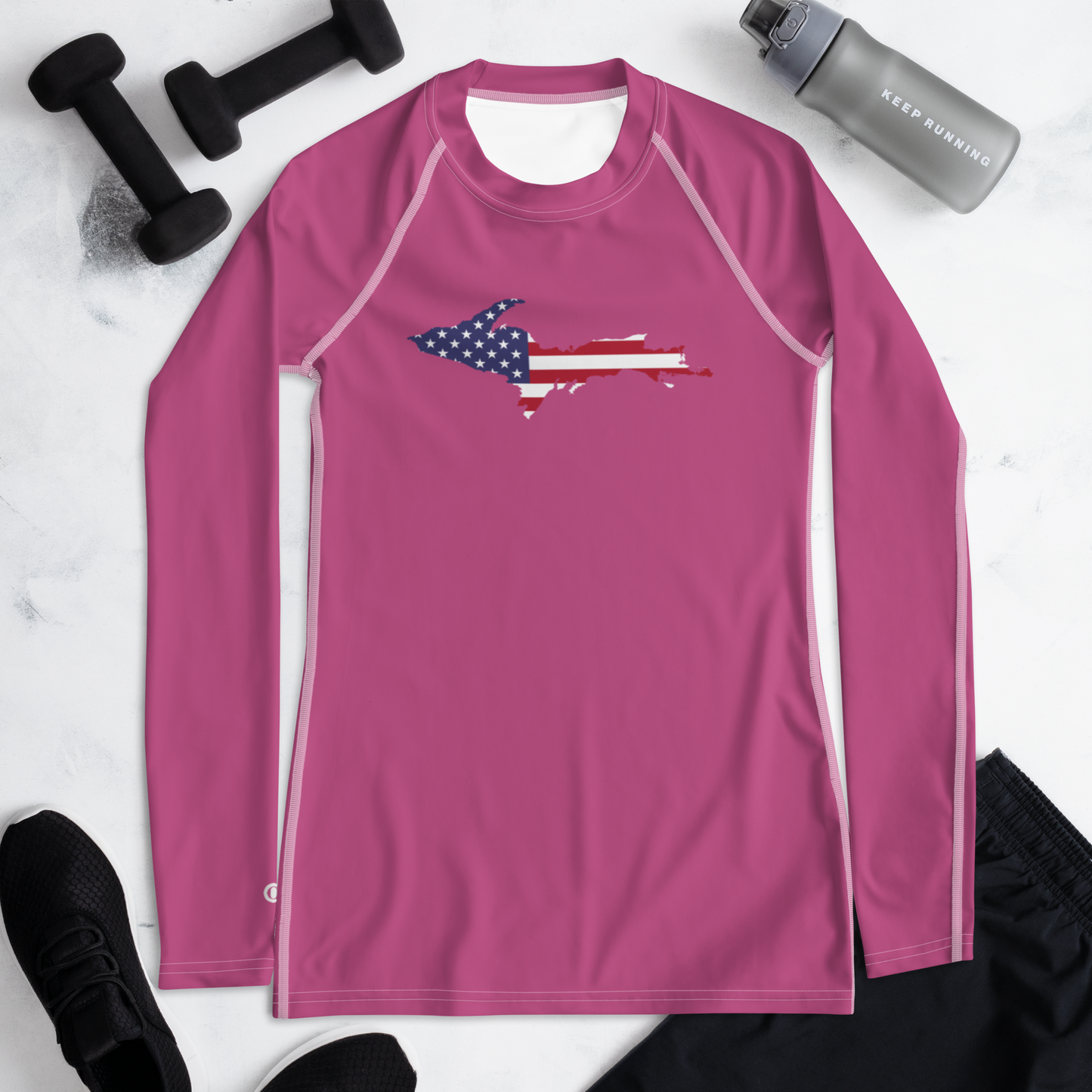 Michigan Upper Peninsula Rash Guard (w/ UP USA Flag) | Women's - Apple Blossom Pink