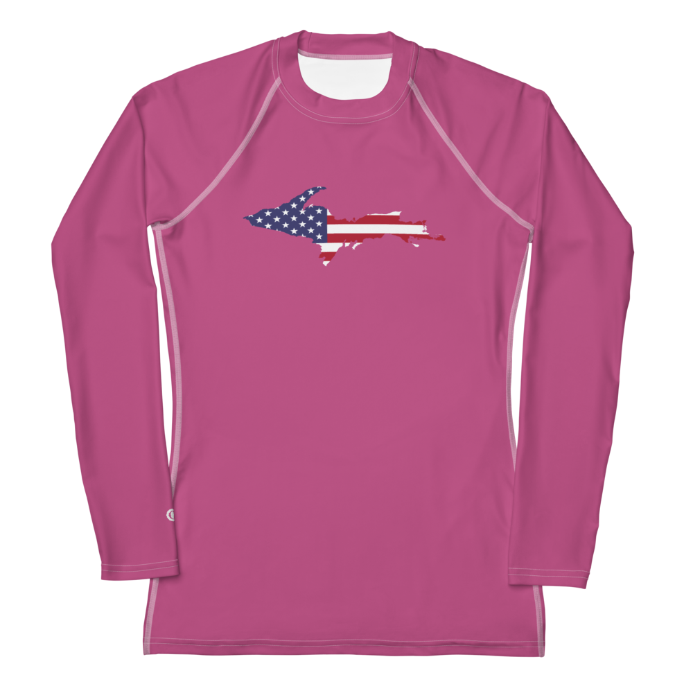 Michigan Upper Peninsula Rash Guard (w/ UP USA Flag) | Women's - Apple Blossom Pink