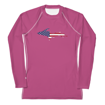 Michigan Upper Peninsula Rash Guard (w/ UP USA Flag) | Women's - Apple Blossom Pink