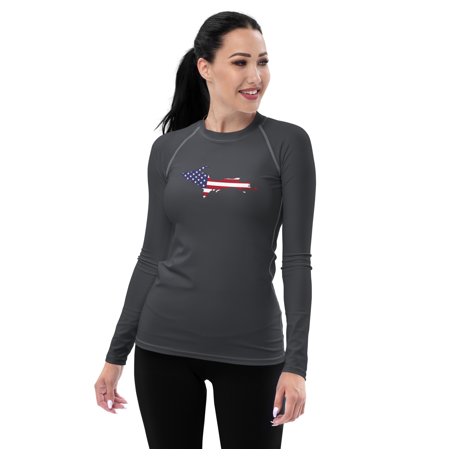 Michigan Upper Peninsula Rash Guard (w/ UP USA Flag) | Women's - Iron Ore Grey