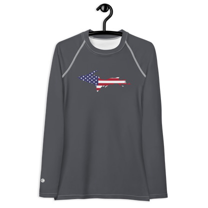 Michigan Upper Peninsula Rash Guard (w/ UP USA Flag) | Women's - Iron Ore Grey