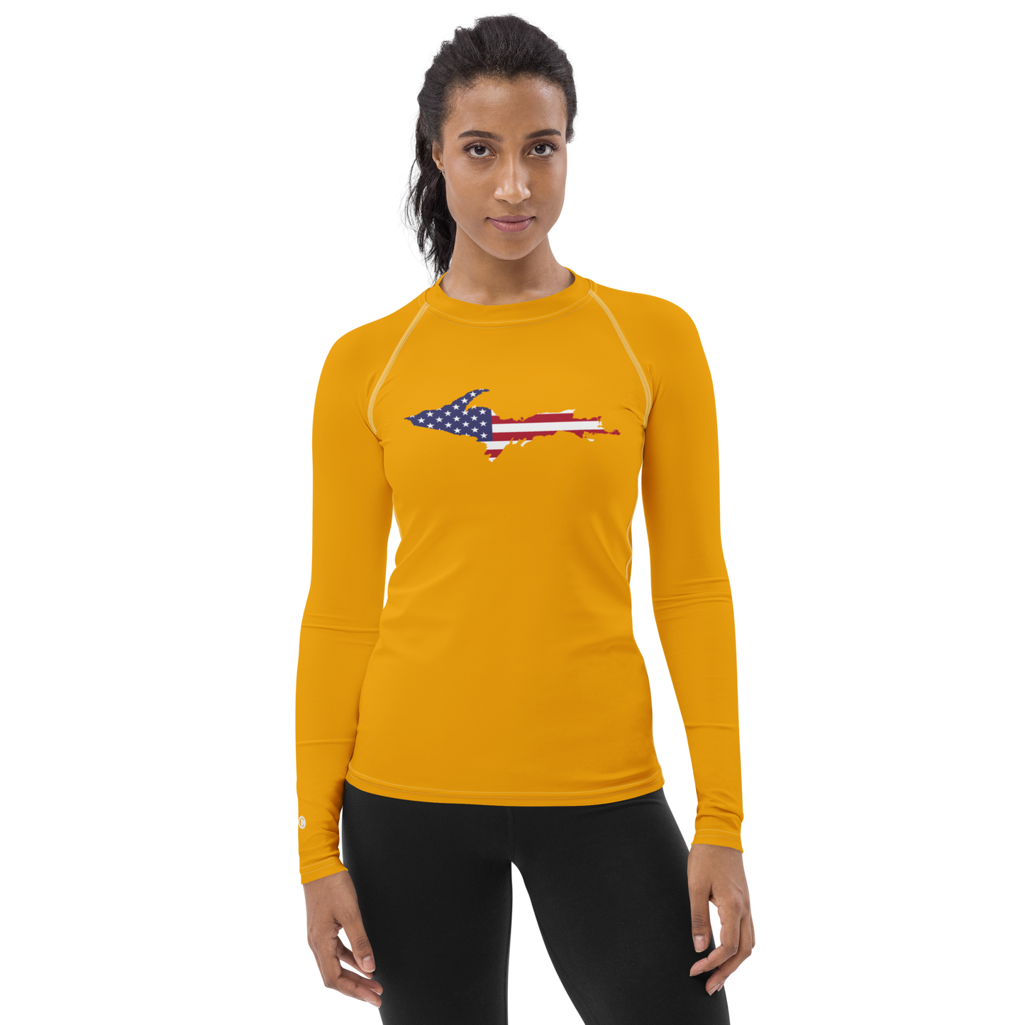 Michigan Upper Peninsula Rash Guard (w/ UP USA Flag) | Women's - Birch Leaf Orange