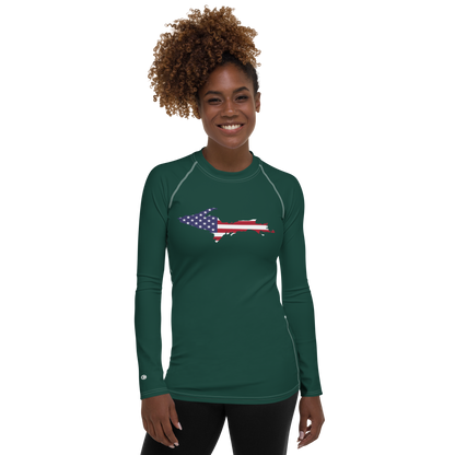 Michigan Upper Peninsula Rash Guard (w/ UP USA Flag) | Women's - Laconic Green