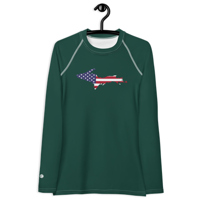 Michigan Upper Peninsula Rash Guard (w/ UP USA Flag) | Women's - Laconic Green