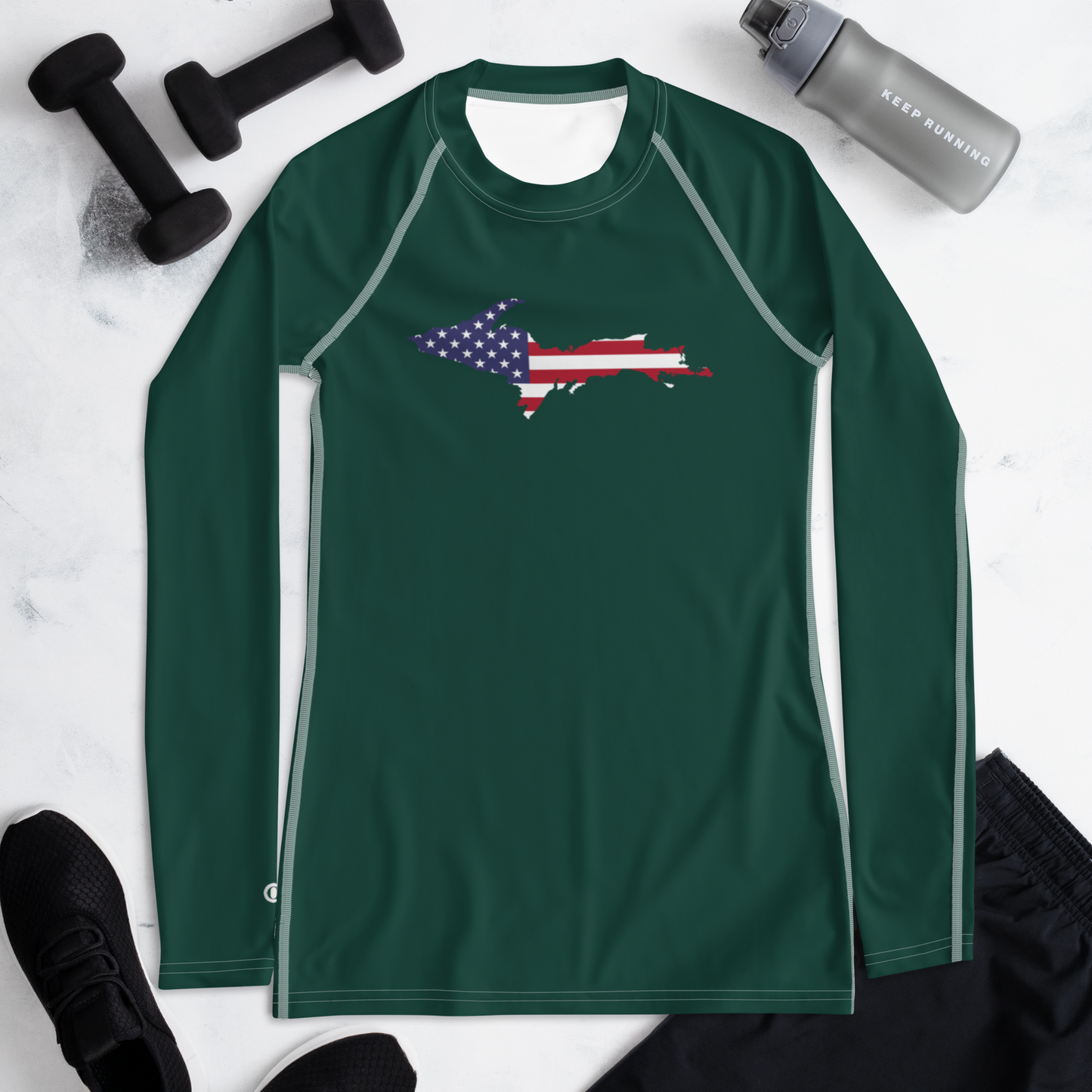 Michigan Upper Peninsula Rash Guard (w/ UP USA Flag) | Women's - Laconic Green