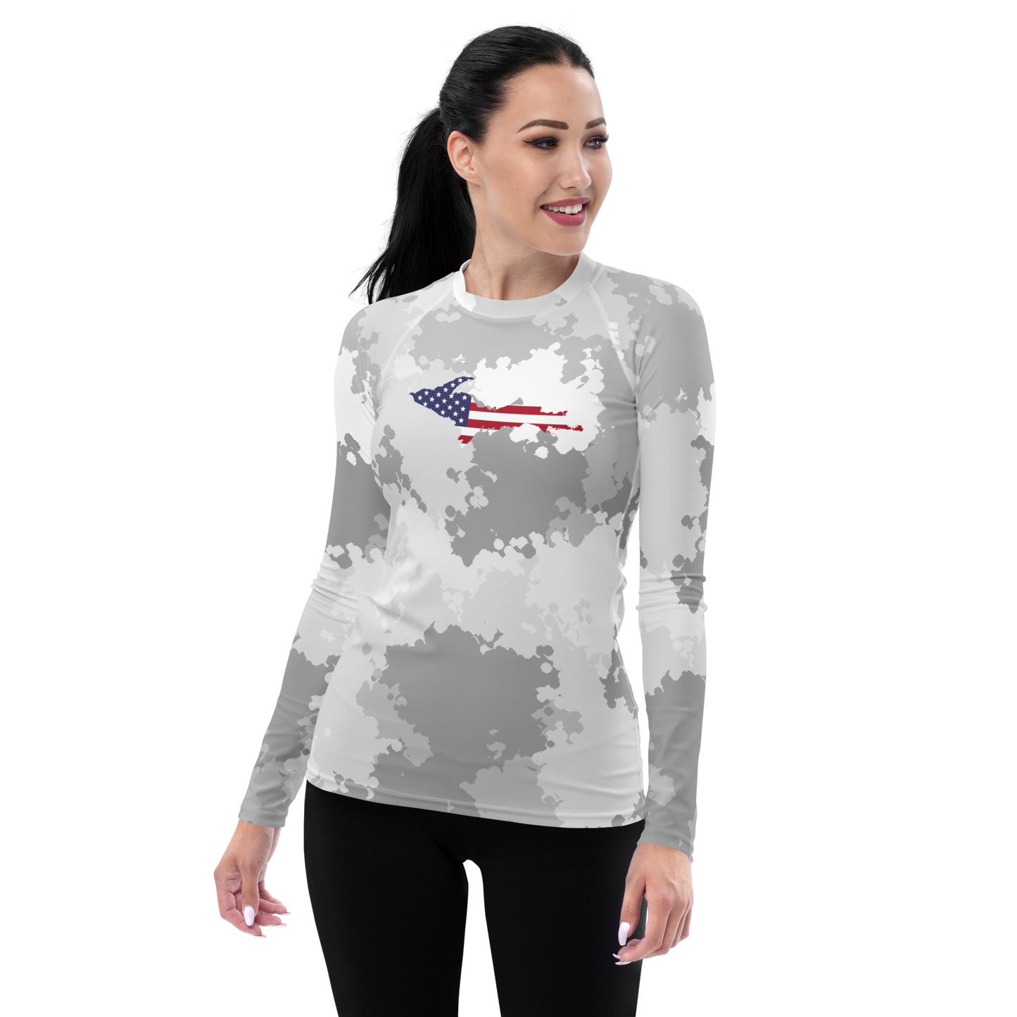 Michigan Upper Peninsula Rash Guard (w/ UP USA Flag) | Women's - Snow Camo