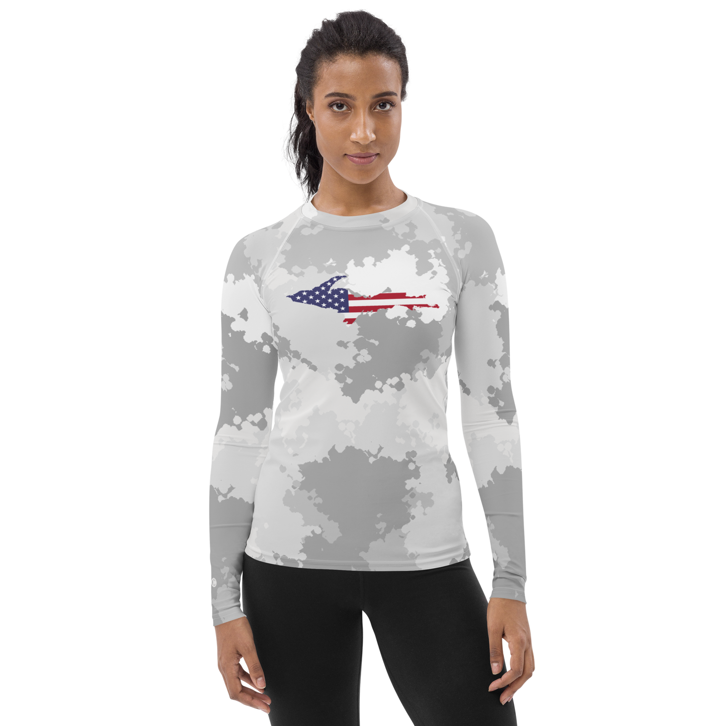 Michigan Upper Peninsula Rash Guard (w/ UP USA Flag) | Women's - Snow Camo