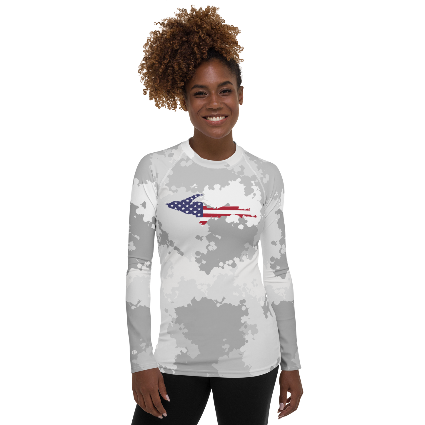 Michigan Upper Peninsula Rash Guard (w/ UP USA Flag) | Women's - Snow Camo