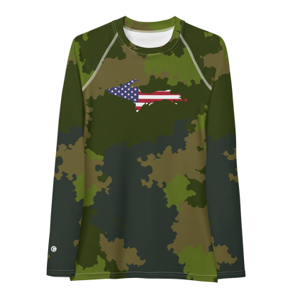 Michigan Upper Peninsula Rash Guard (w/ UP USA Flag) | Women's - Woodland Camo