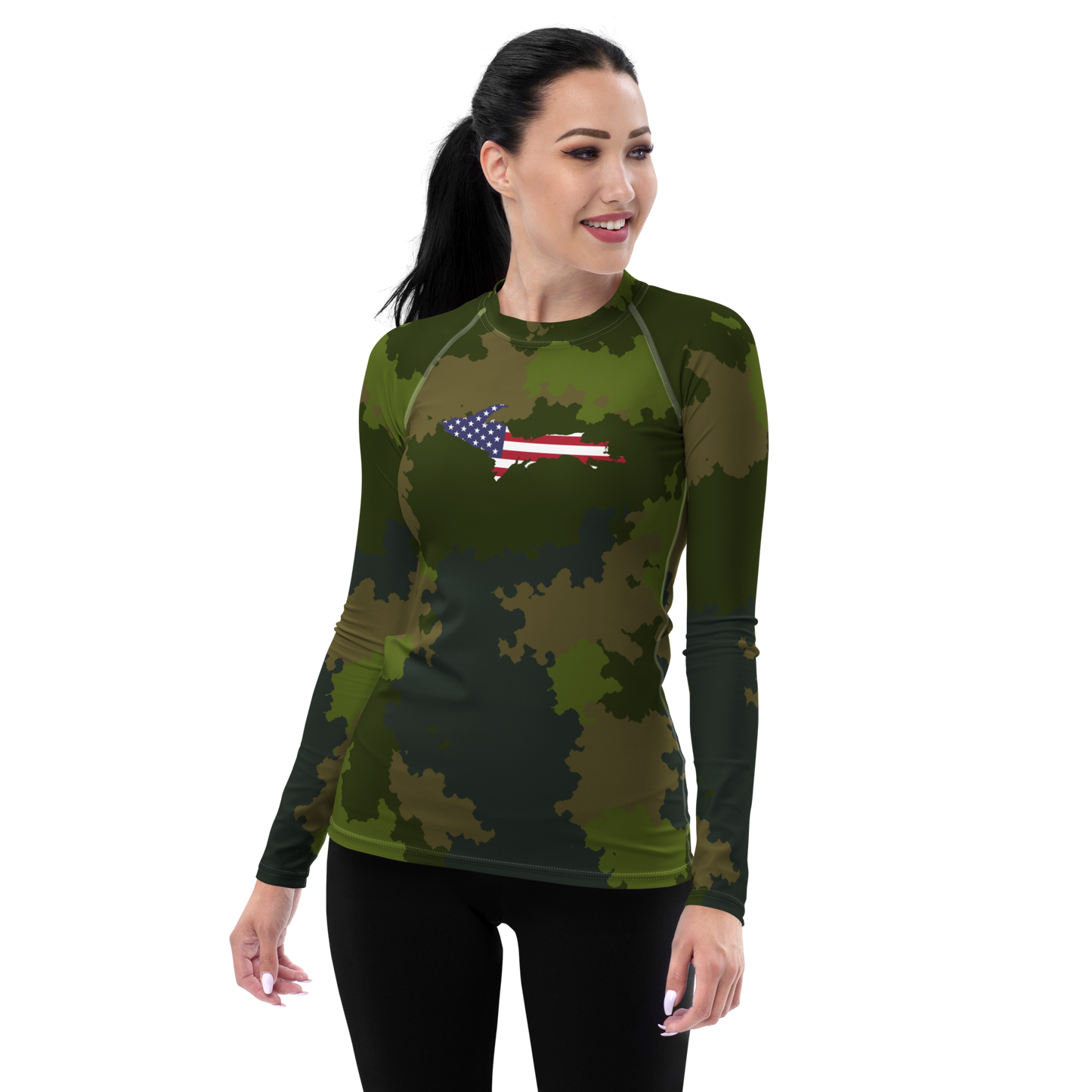 Michigan Upper Peninsula Rash Guard (w/ UP USA Flag) | Women's - Woodland Camo