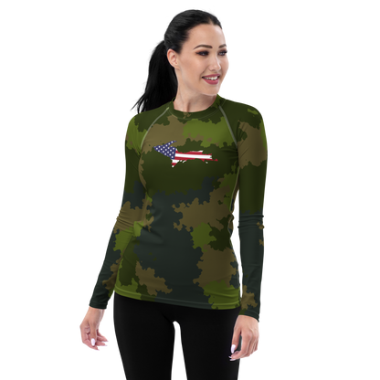 Michigan Upper Peninsula Rash Guard (w/ UP USA Flag) | Women's - Woodland Camo