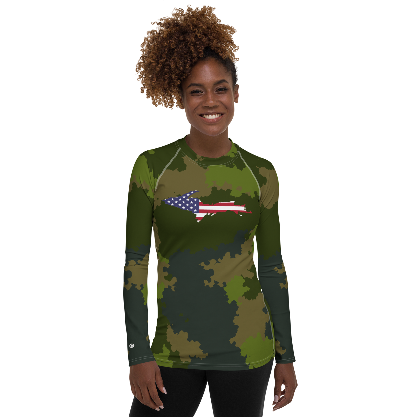 Michigan Upper Peninsula Rash Guard (w/ UP USA Flag) | Women's - Woodland Camo