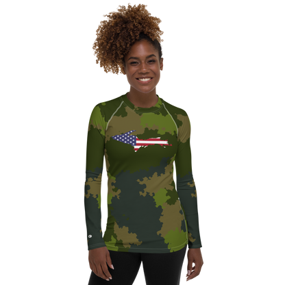 Michigan Upper Peninsula Rash Guard (w/ UP USA Flag) | Women's - Woodland Camo