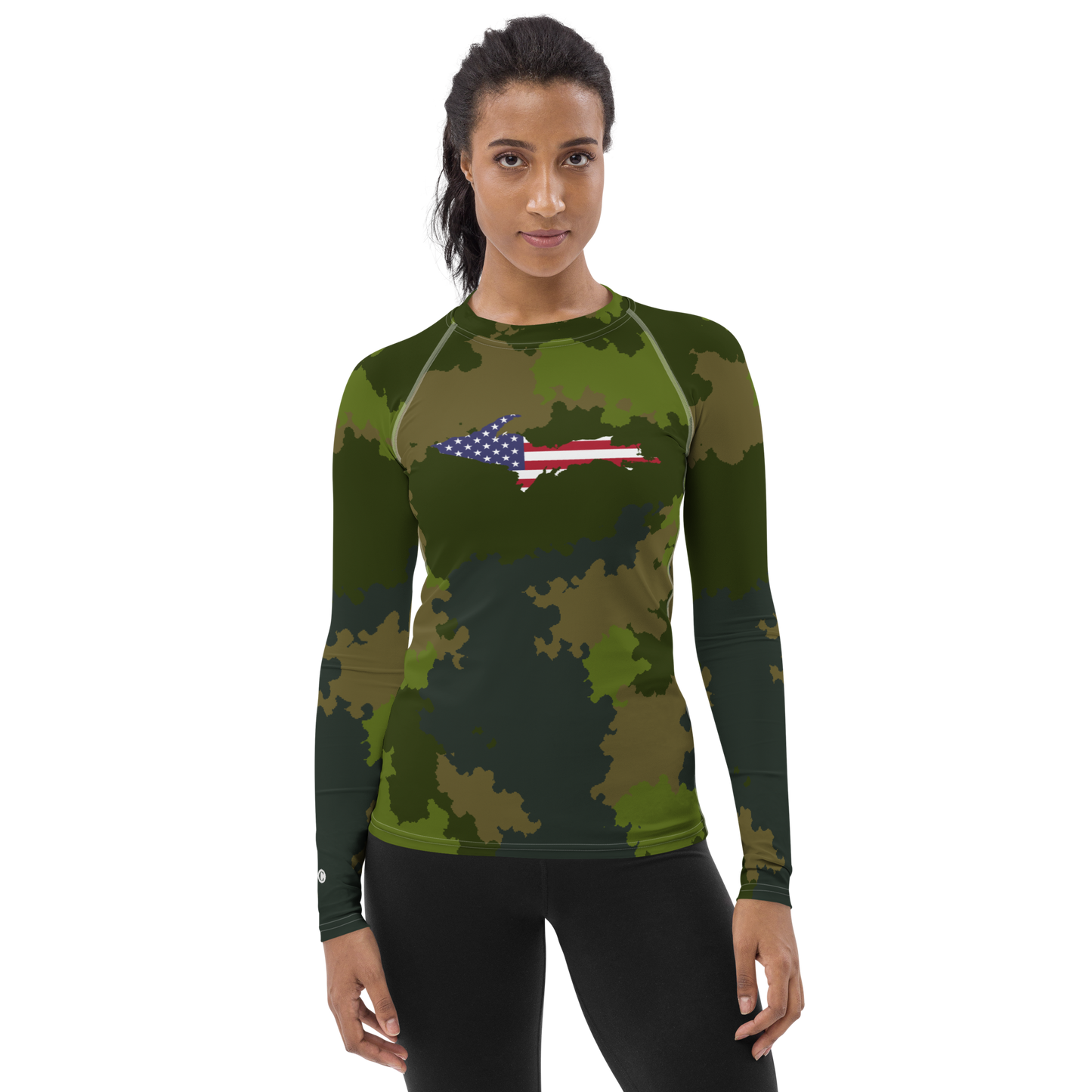 Michigan Upper Peninsula Rash Guard (w/ UP USA Flag) | Women's - Woodland Camo