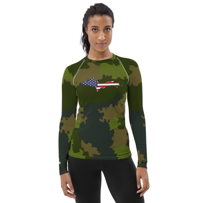 Michigan Upper Peninsula Rash Guard (w/ UP USA Flag) | Women's - Woodland Camo