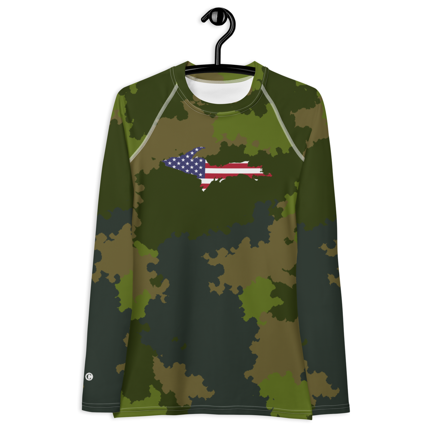 Michigan Upper Peninsula Rash Guard (w/ UP USA Flag) | Women's - Woodland Camo