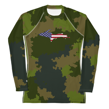 Michigan Upper Peninsula Rash Guard (w/ UP USA Flag) | Women's - Woodland Camo