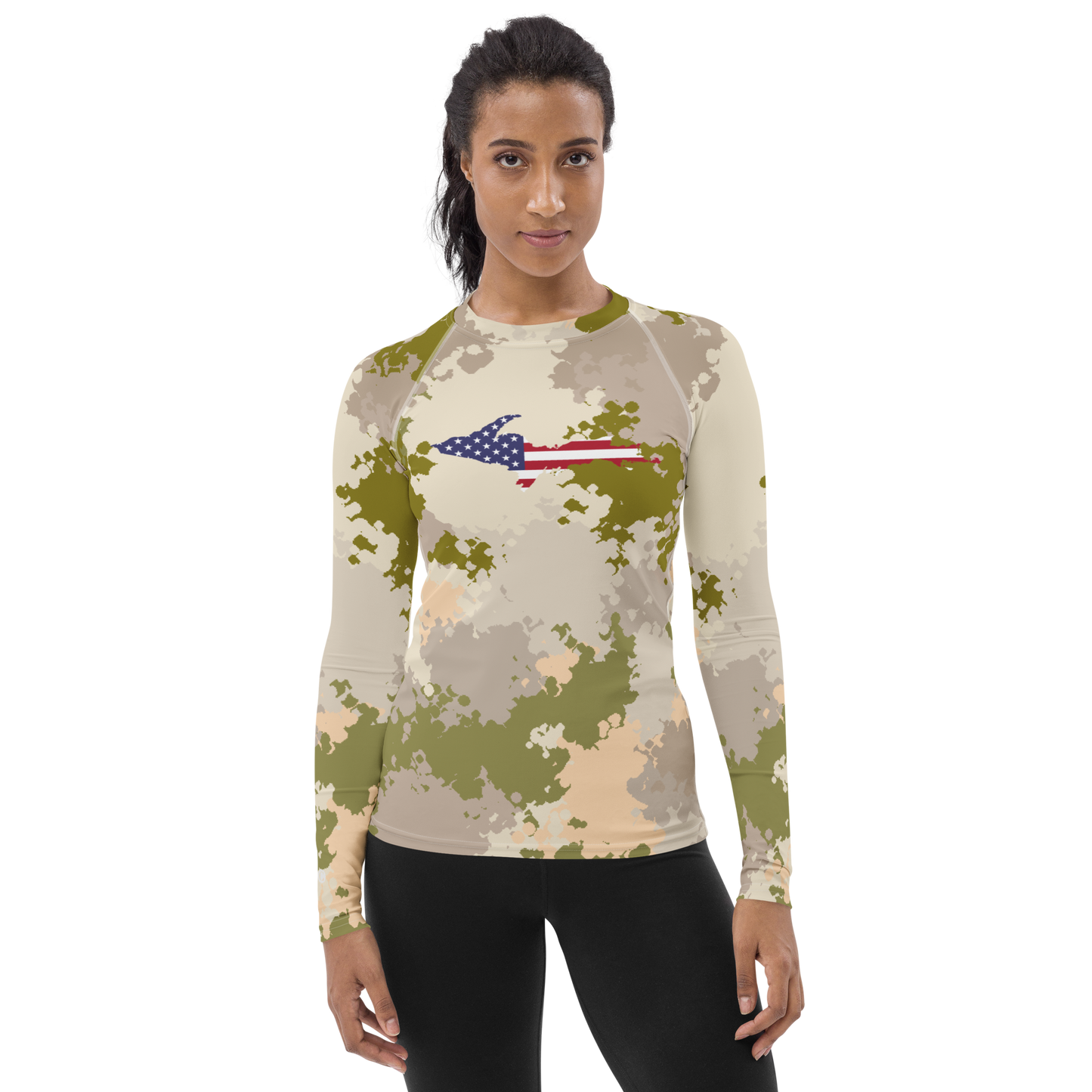 Michigan Upper Peninsula Rash Guard (w/ UP USA Flag) | Women's - Rosy Mound Camo