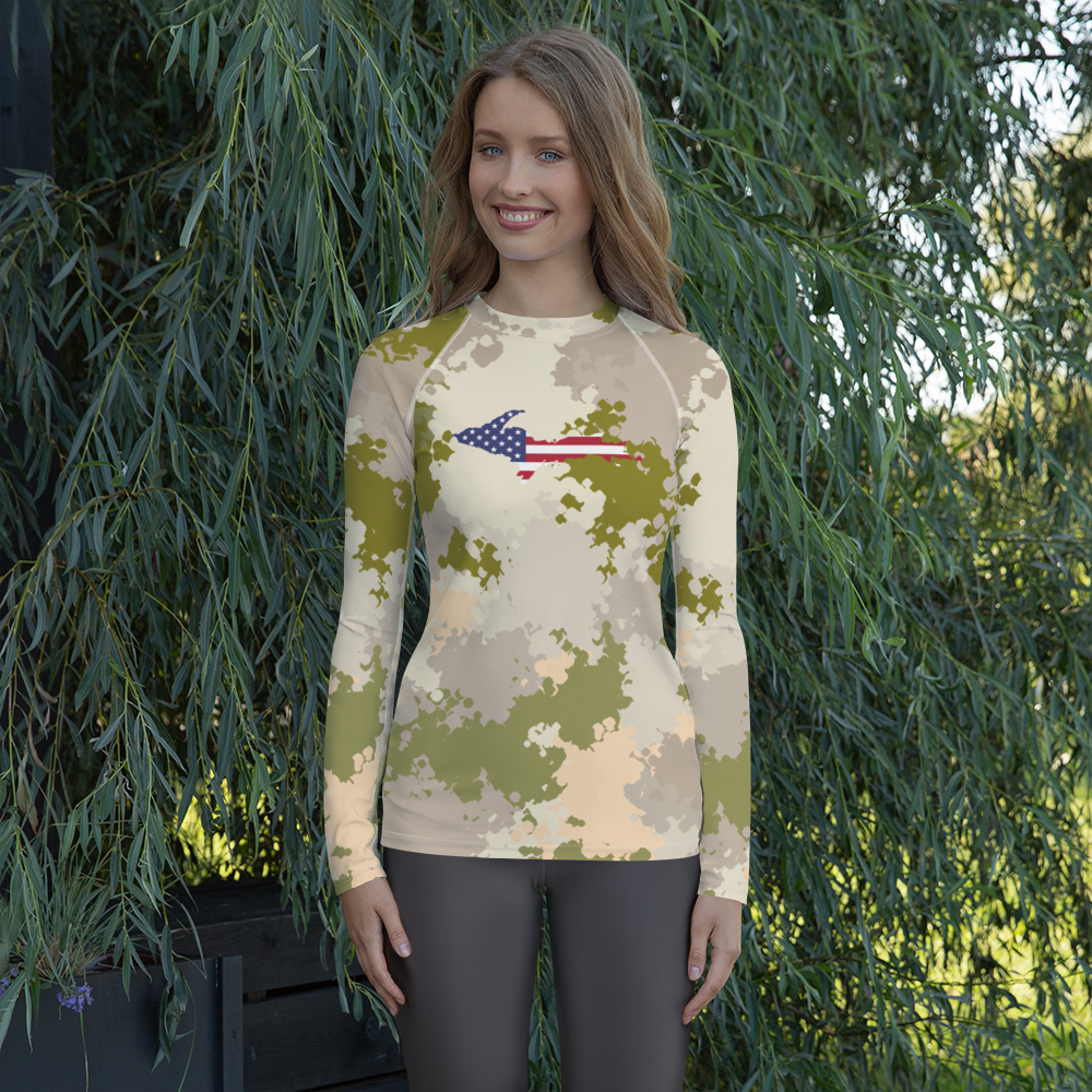 Michigan Upper Peninsula Rash Guard (w/ UP USA Flag) | Women's - Rosy Mound Camo