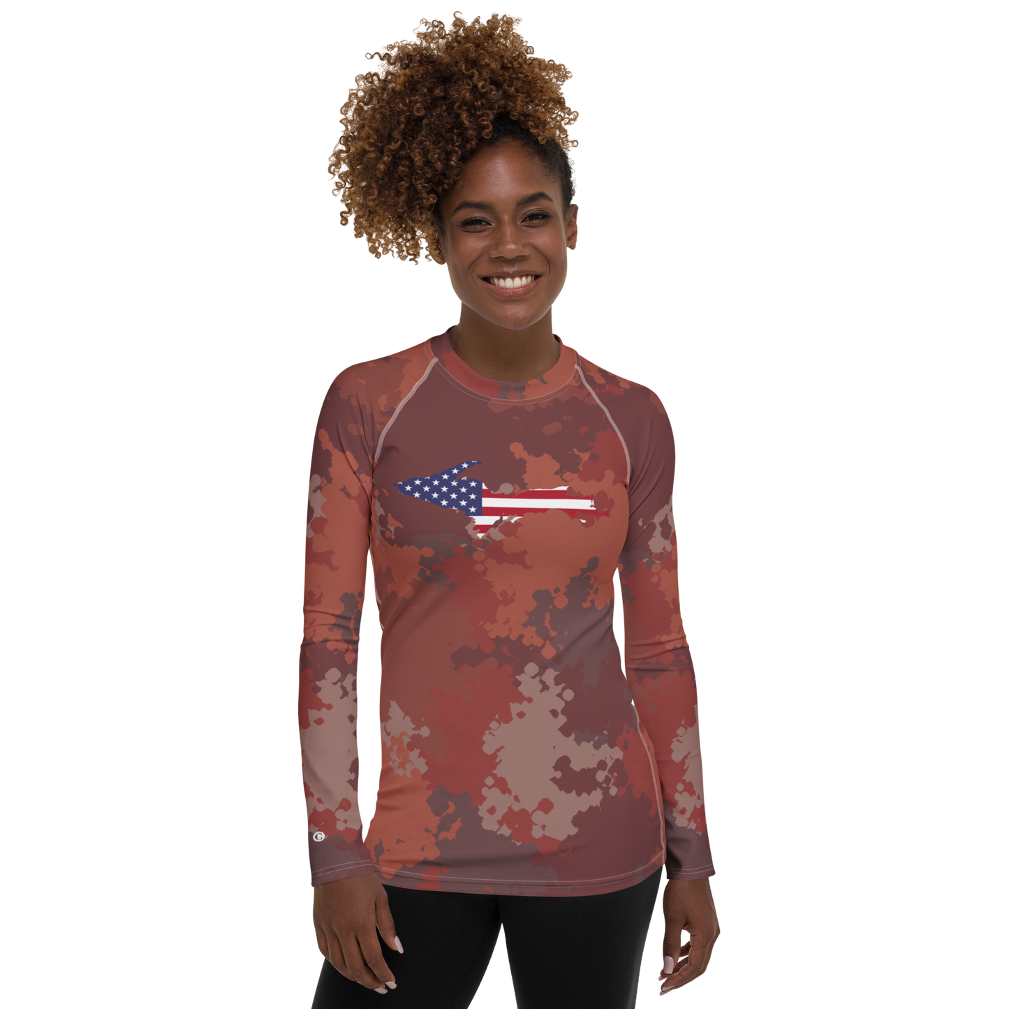 Michigan Upper Peninsula Rash Guard (w/ UP USA Flag) | Women's - Ore Dock Camo