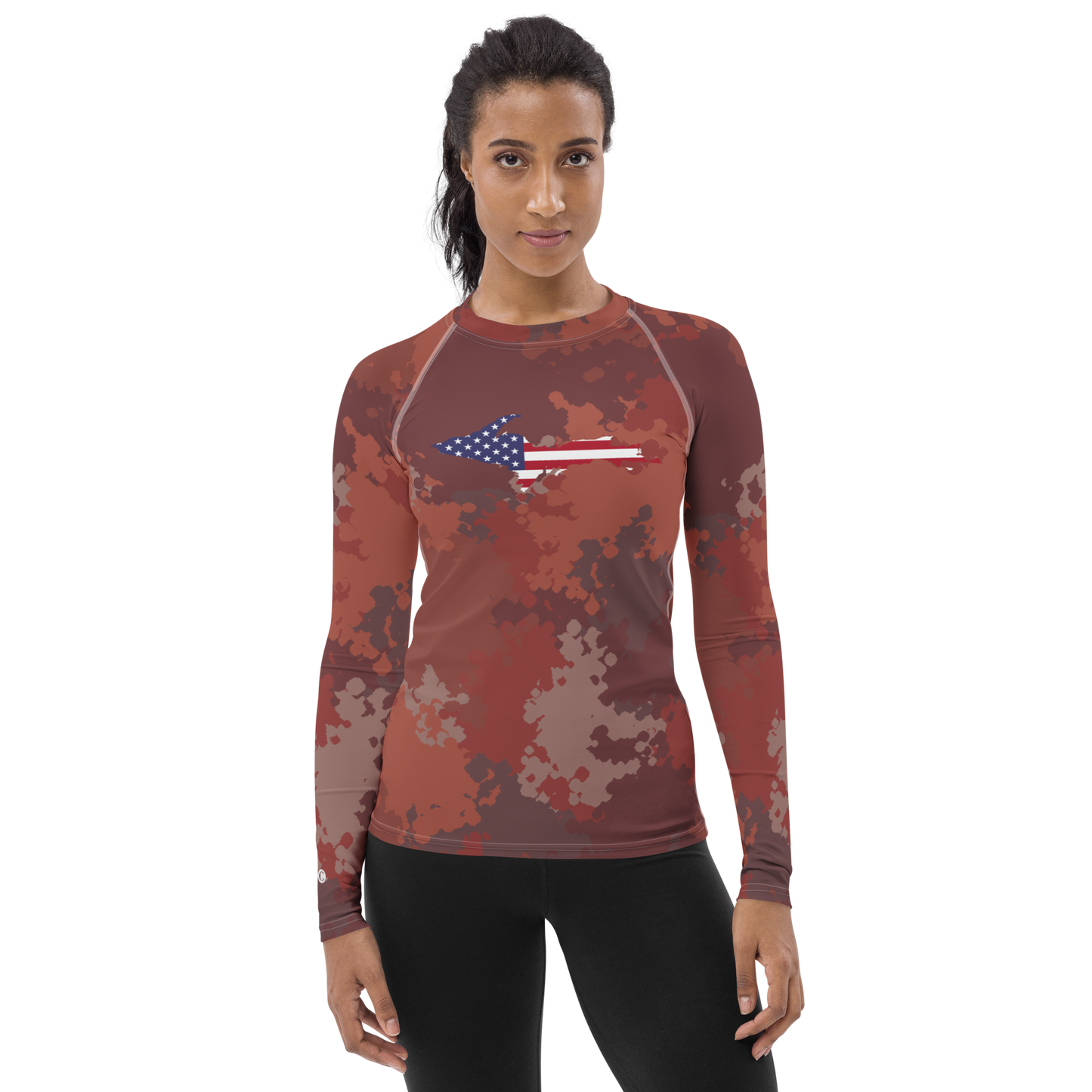 Michigan Upper Peninsula Rash Guard (w/ UP USA Flag) | Women's - Ore Dock Camo