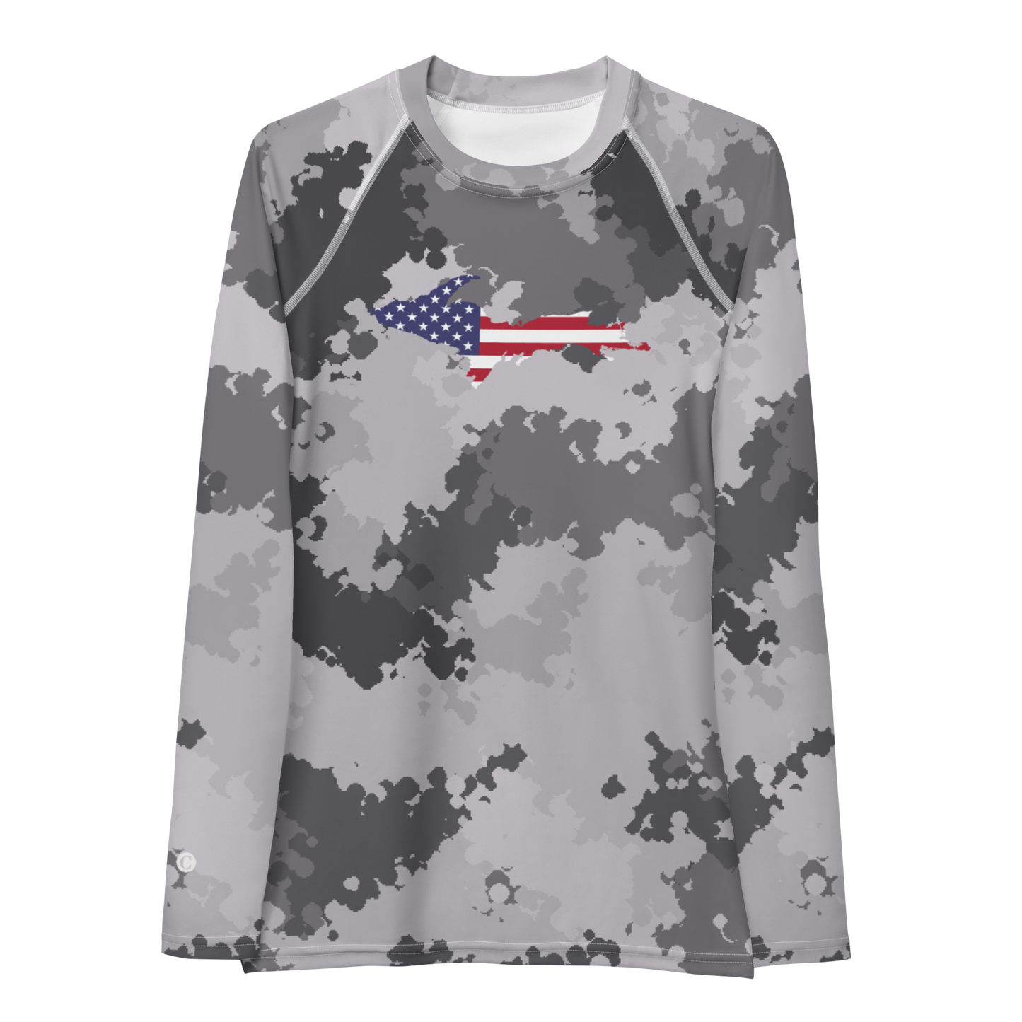 Michigan Upper Peninsula Rash Guard (w/ UP USA Flag) | Women's - Iron Ore Camo