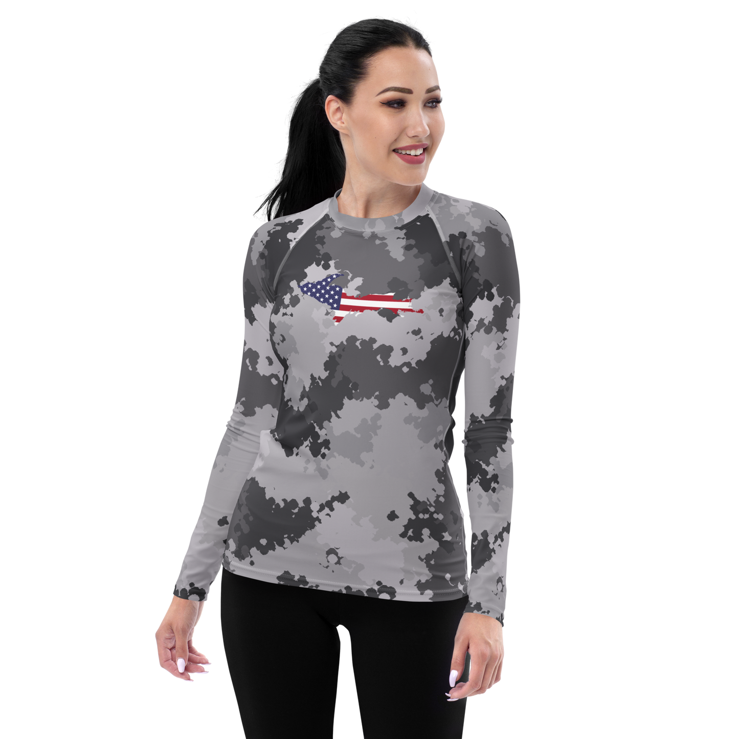 Michigan Upper Peninsula Rash Guard (w/ UP USA Flag) | Women's - Iron Ore Camo