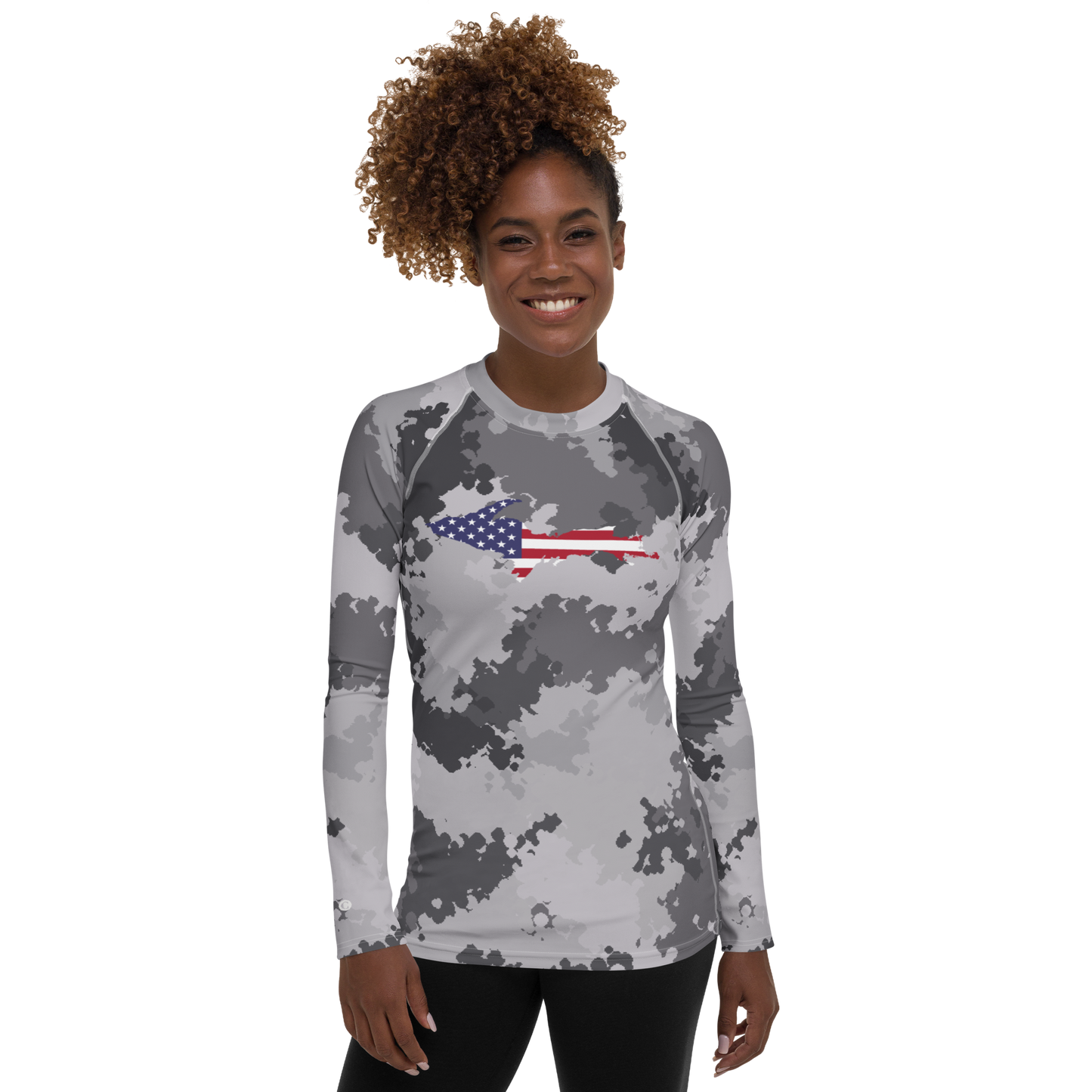 Michigan Upper Peninsula Rash Guard (w/ UP USA Flag) | Women's - Iron Ore Camo