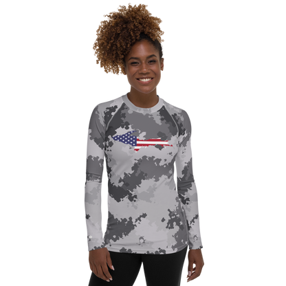 Michigan Upper Peninsula Rash Guard (w/ UP USA Flag) | Women's - Iron Ore Camo