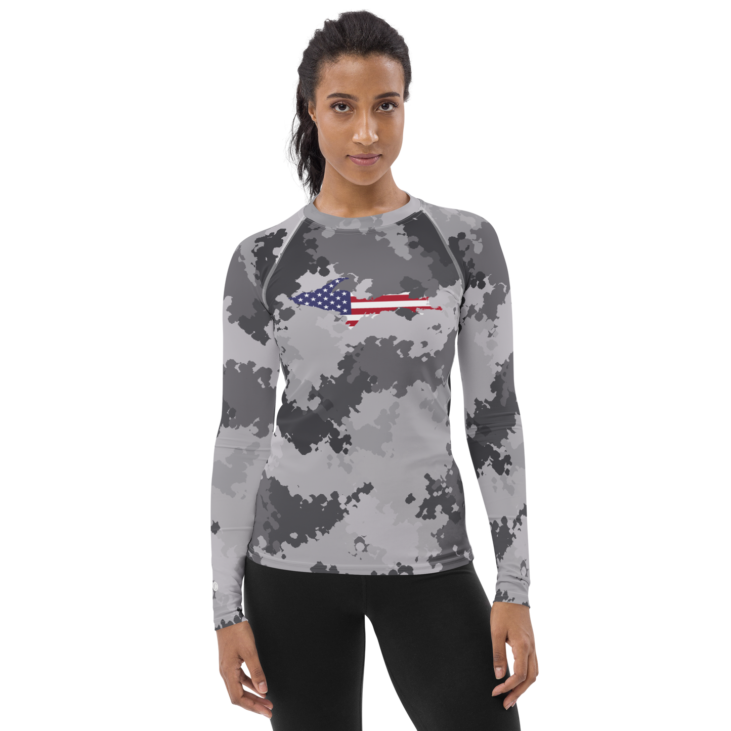 Michigan Upper Peninsula Rash Guard (w/ UP USA Flag) | Women's - Iron Ore Camo