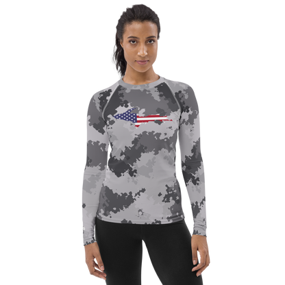 Michigan Upper Peninsula Rash Guard (w/ UP USA Flag) | Women's - Iron Ore Camo