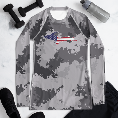 Michigan Upper Peninsula Rash Guard (w/ UP USA Flag) | Women's - Iron Ore Camo