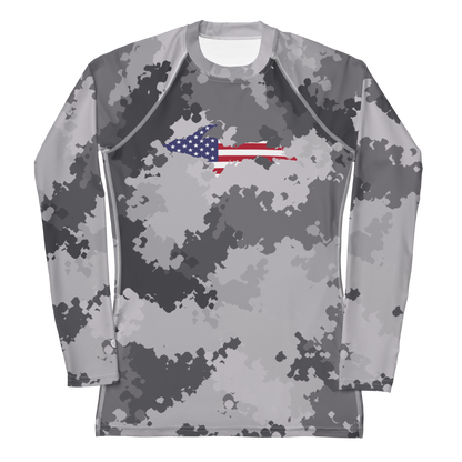 Michigan Upper Peninsula Rash Guard (w/ UP USA Flag) | Women's - Iron Ore Camo