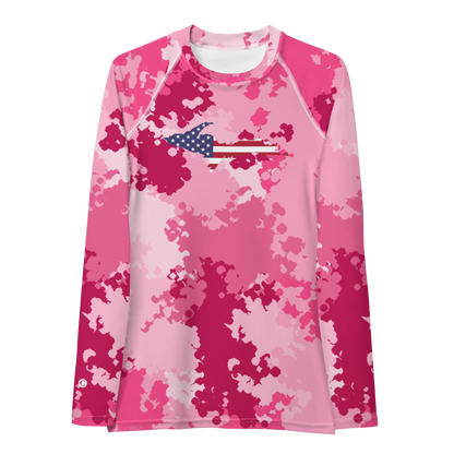 Michigan Upper Peninsula Rash Guard (w/ UP USA Flag) | Women's - Pink Camo