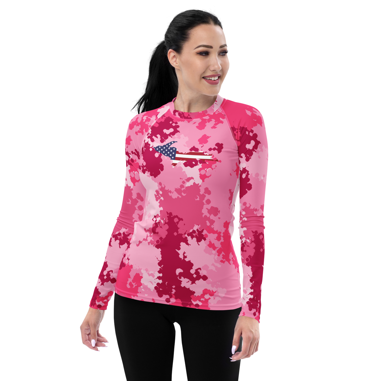 Michigan Upper Peninsula Rash Guard (w/ UP USA Flag) | Women's - Pink Camo