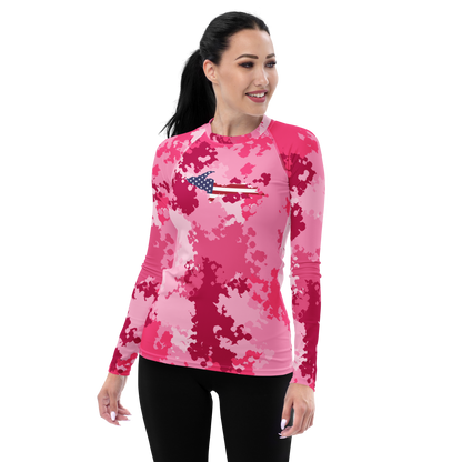 Michigan Upper Peninsula Rash Guard (w/ UP USA Flag) | Women's - Pink Camo