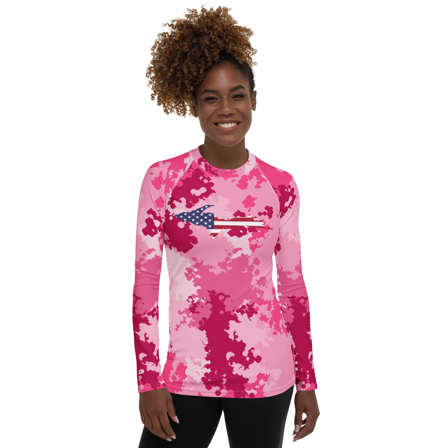 Michigan Upper Peninsula Rash Guard (w/ UP USA Flag) | Women's - Pink Camo