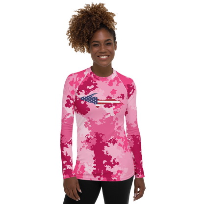 Michigan Upper Peninsula Rash Guard (w/ UP USA Flag) | Women's - Pink Camo