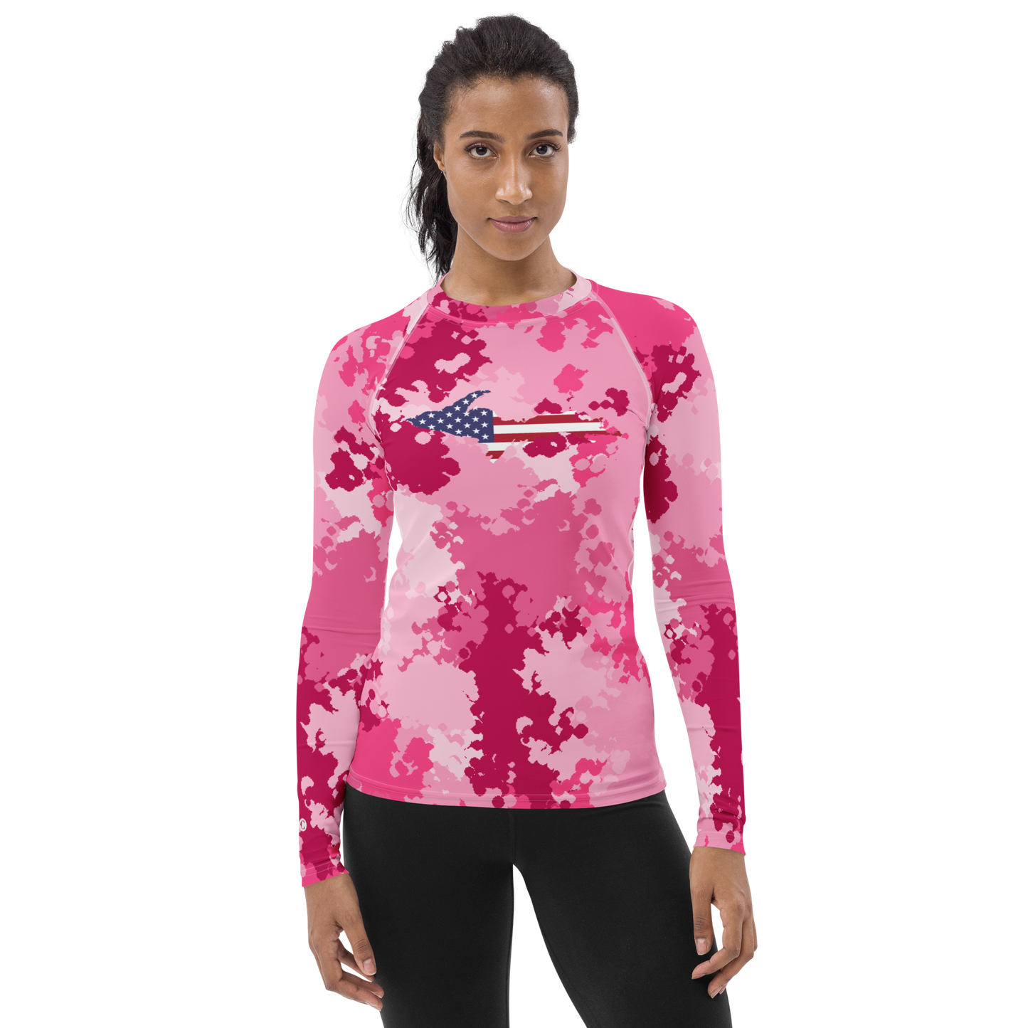 Michigan Upper Peninsula Rash Guard (w/ UP USA Flag) | Women's - Pink Camo