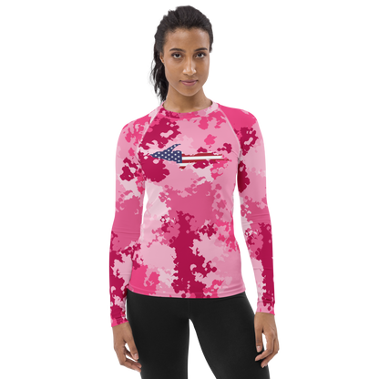 Michigan Upper Peninsula Rash Guard (w/ UP USA Flag) | Women's - Pink Camo