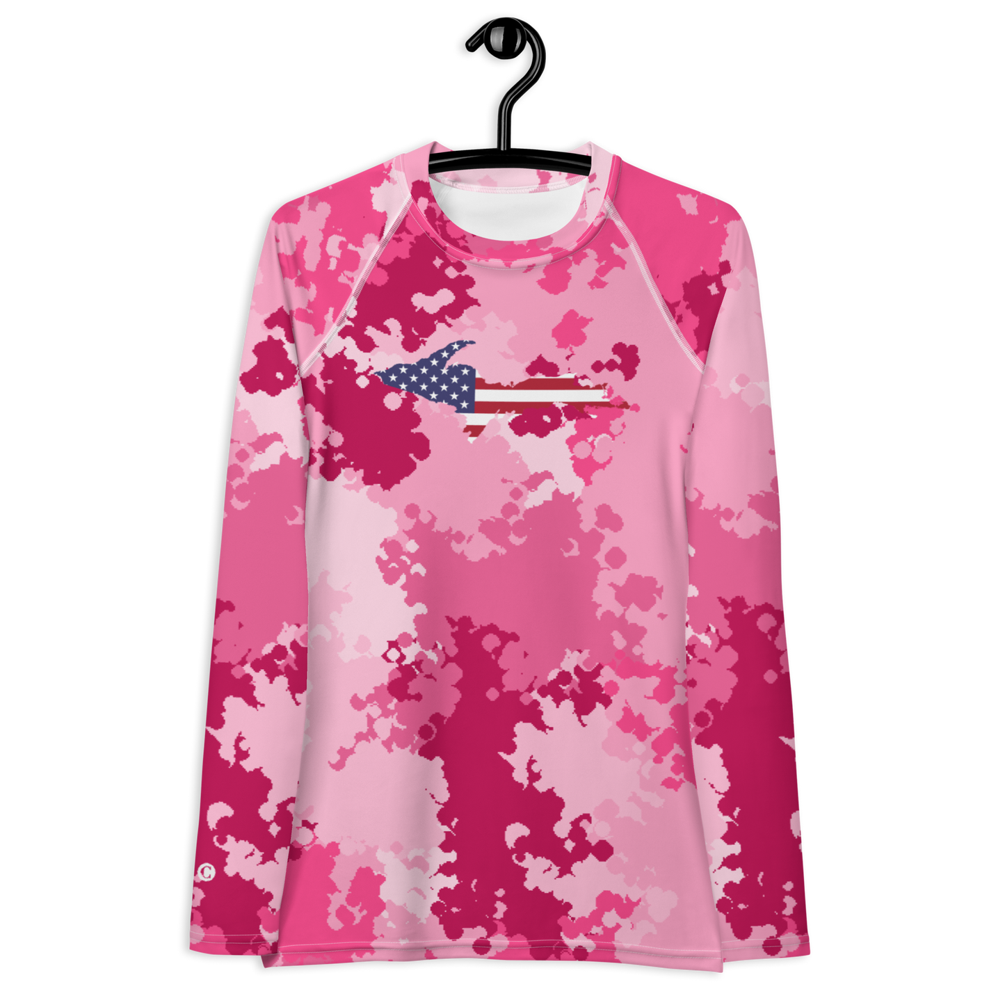 Michigan Upper Peninsula Rash Guard (w/ UP USA Flag) | Women's - Pink Camo