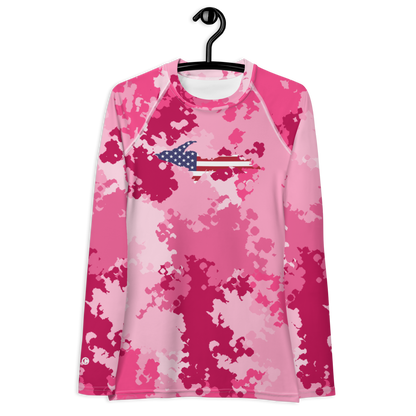 Michigan Upper Peninsula Rash Guard (w/ UP USA Flag) | Women's - Pink Camo