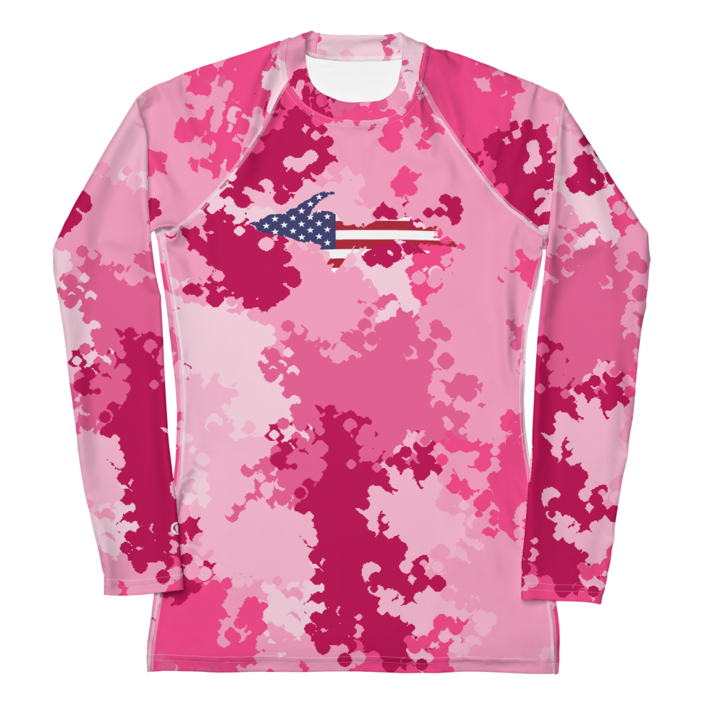 Michigan Upper Peninsula Rash Guard (w/ UP USA Flag) | Women's - Pink Camo