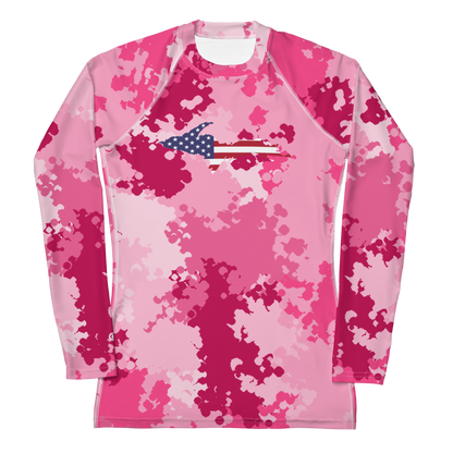 Michigan Upper Peninsula Rash Guard (w/ UP USA Flag) | Women's - Pink Camo