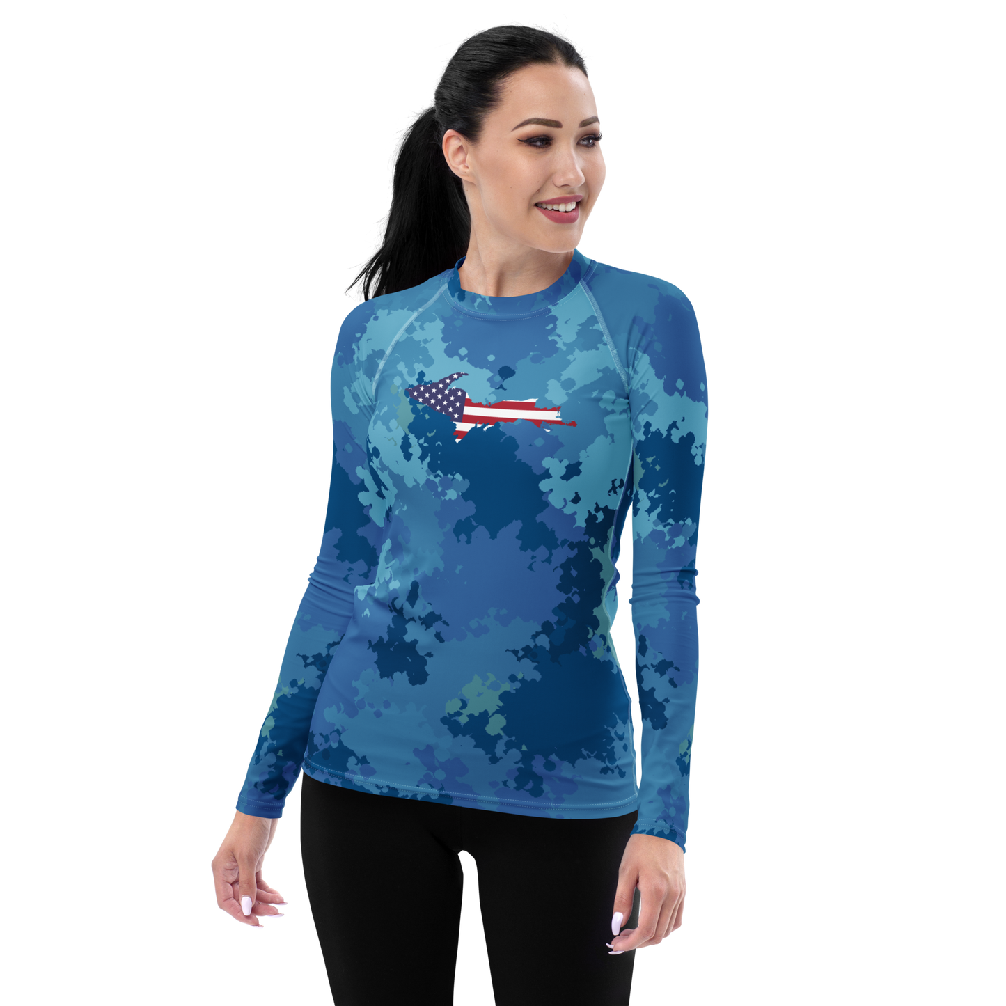 Michigan Upper Peninsula Rash Guard (w/ UP USA Flag) | Women's - Great Lakes Camo