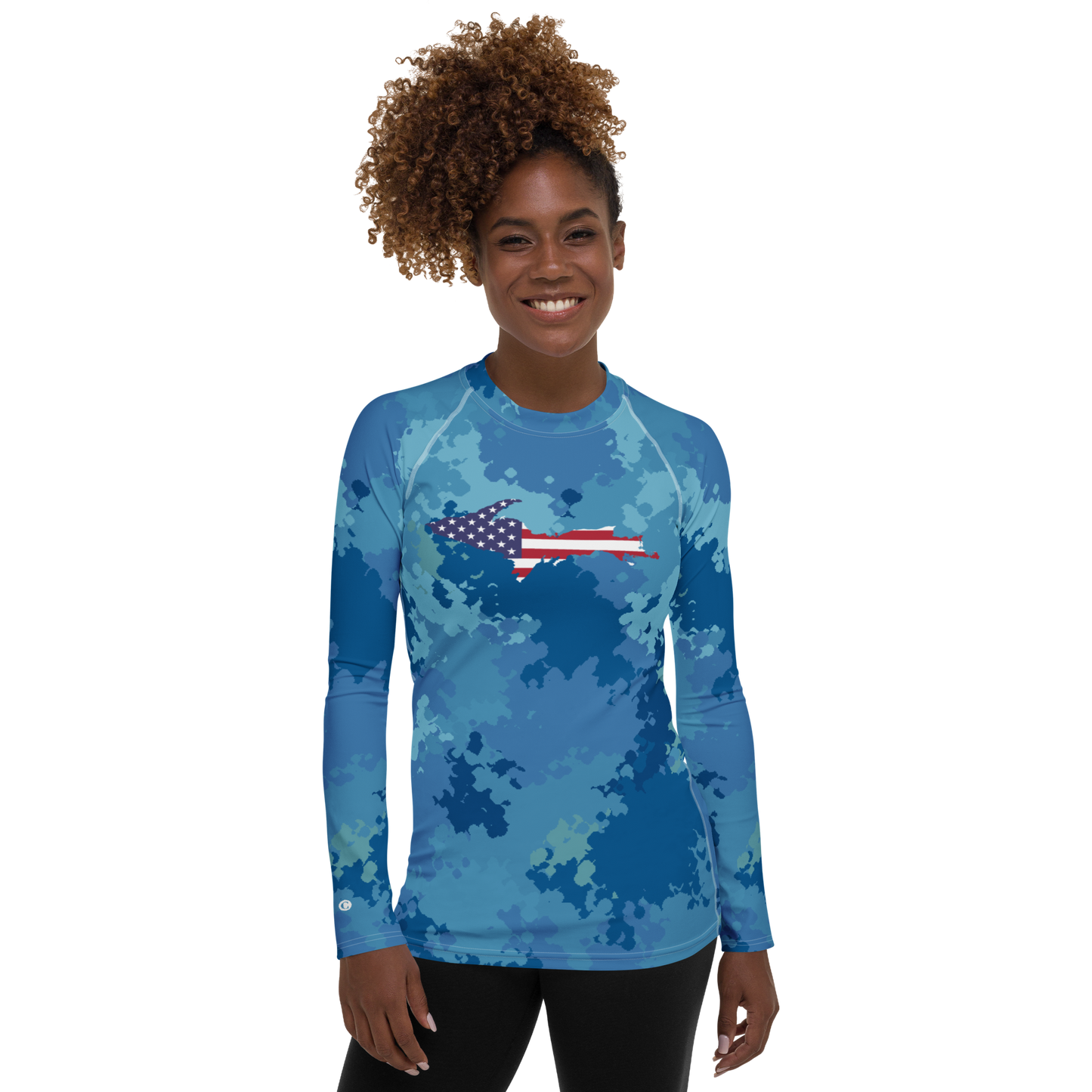 Michigan Upper Peninsula Rash Guard (w/ UP USA Flag) | Women's - Great Lakes Camo